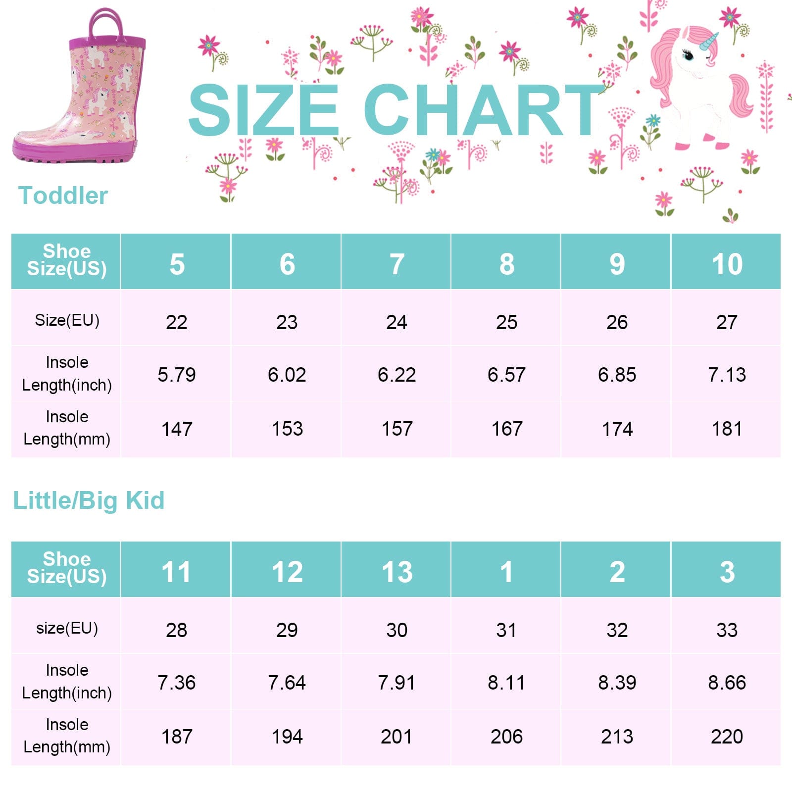 Landchief Unicorns Rubber Rain Boots Kids size chart